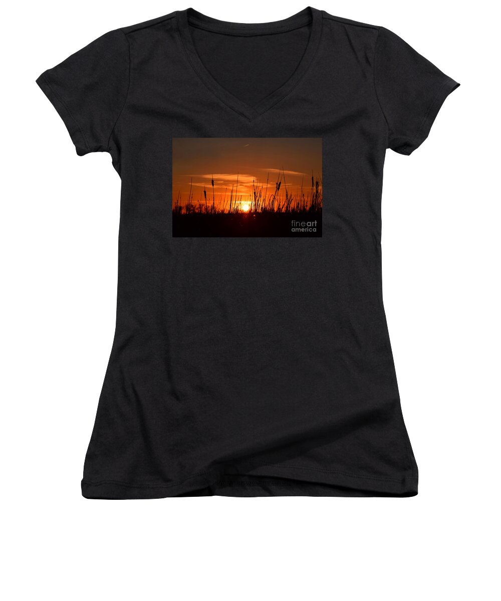 Cattails And Twilight Women's V-Neck featuring the photograph Cattails And Twilight by Kathy M Krause