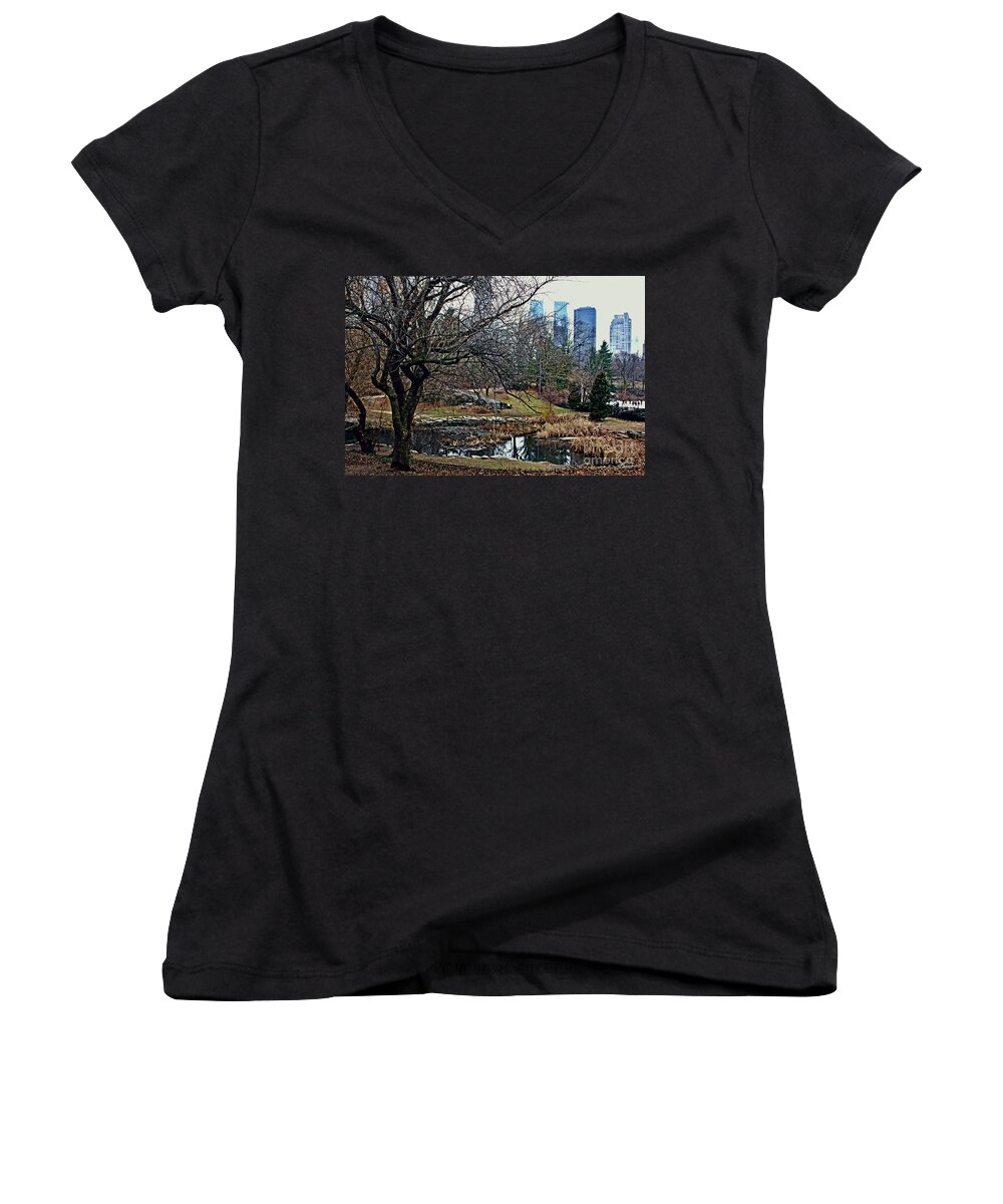 Park Women's V-Neck featuring the photograph Central Park in January by Sandy Moulder