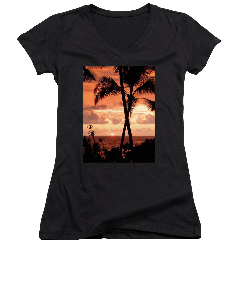 Sunset Women's V-Neck featuring the pyrography Certain Moment by Gina De Gorna