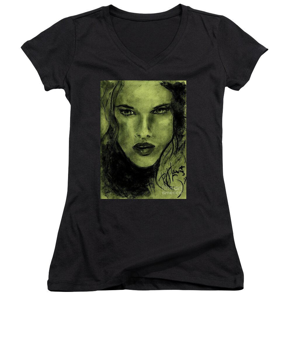 Charcoal Portrait Women's V-Neck featuring the drawing char-Carol by PJ Lewis