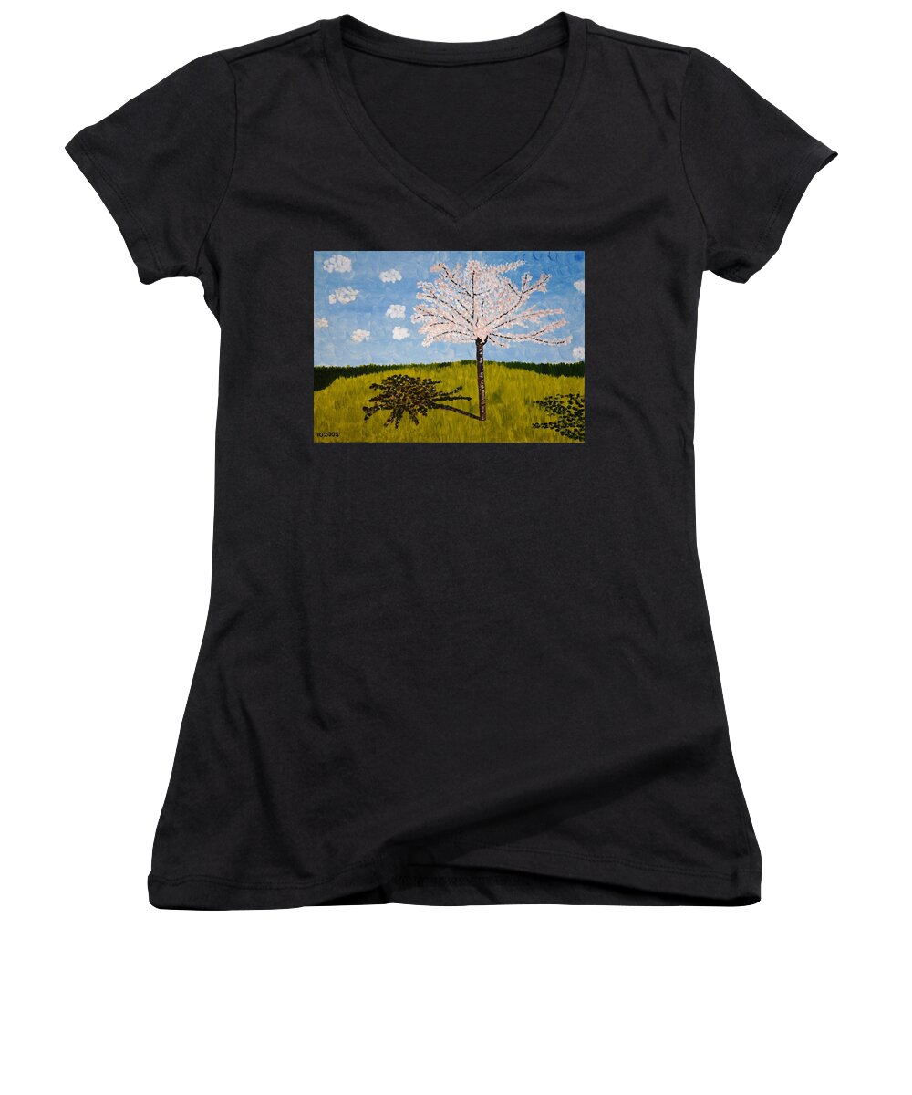Cherry Women's V-Neck featuring the painting Cherry Blossom Tree by Valerie Ornstein
