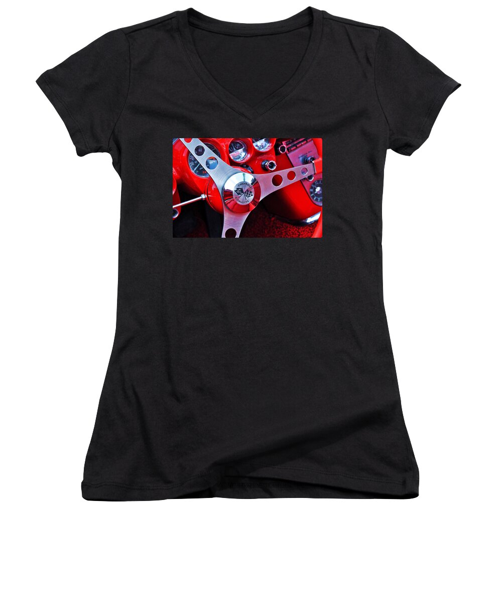 Car Women's V-Neck featuring the photograph Chevy Corvettte Steering Wheel by Allen Beatty