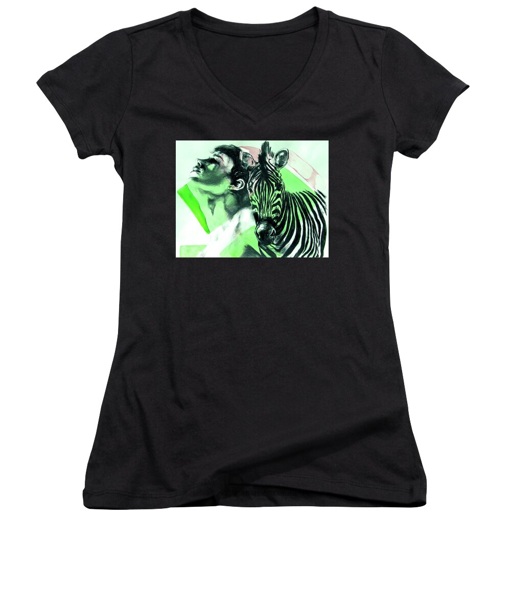 Zebra Stripes Women's V-Neck featuring the painting Chronickles of Zebra Boy  by Rene Capone