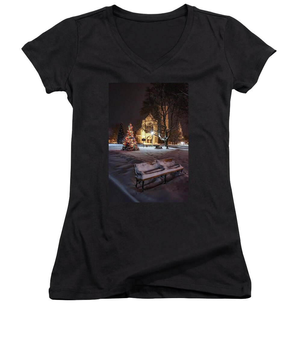  Women's V-Neck featuring the photograph Church of St Mary St Paul at Christmas by Kendall McKernon