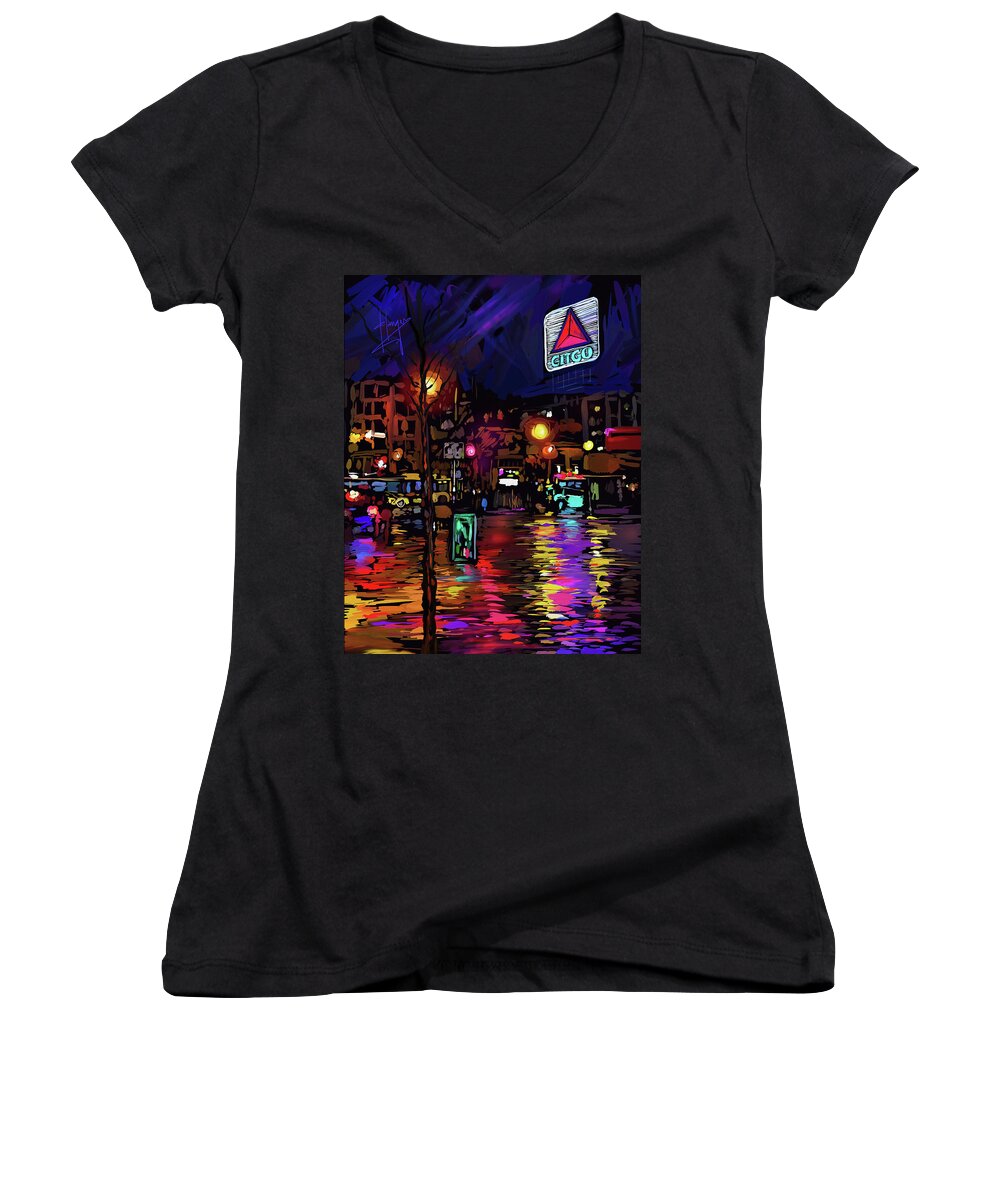 Citgo Sign Women's V-Neck featuring the painting Citgo Sign, Boston by DC Langer