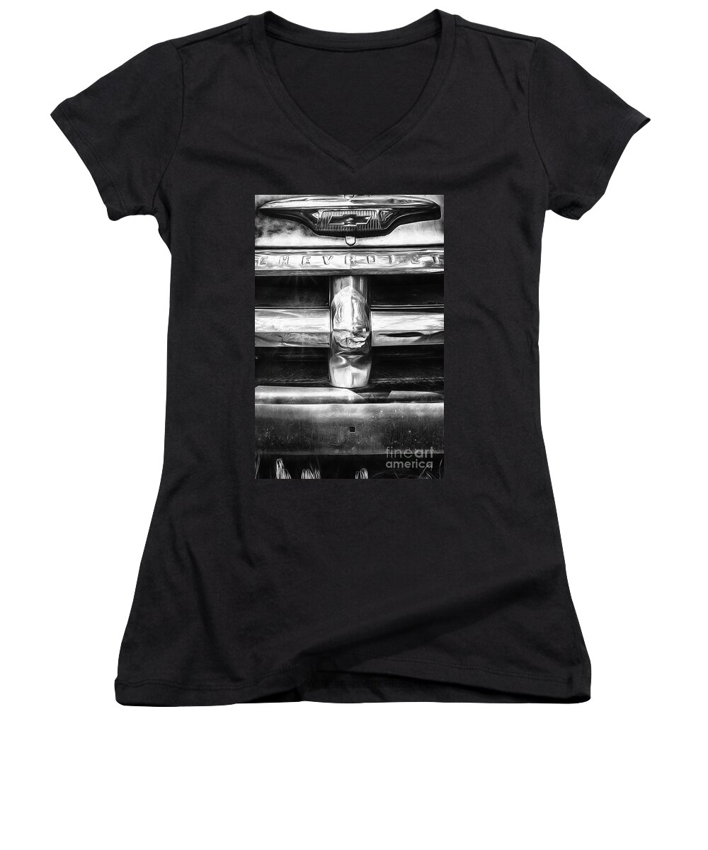 Antique Women's V-Neck featuring the photograph Classic Chrome by Bitter Buffalo Photography