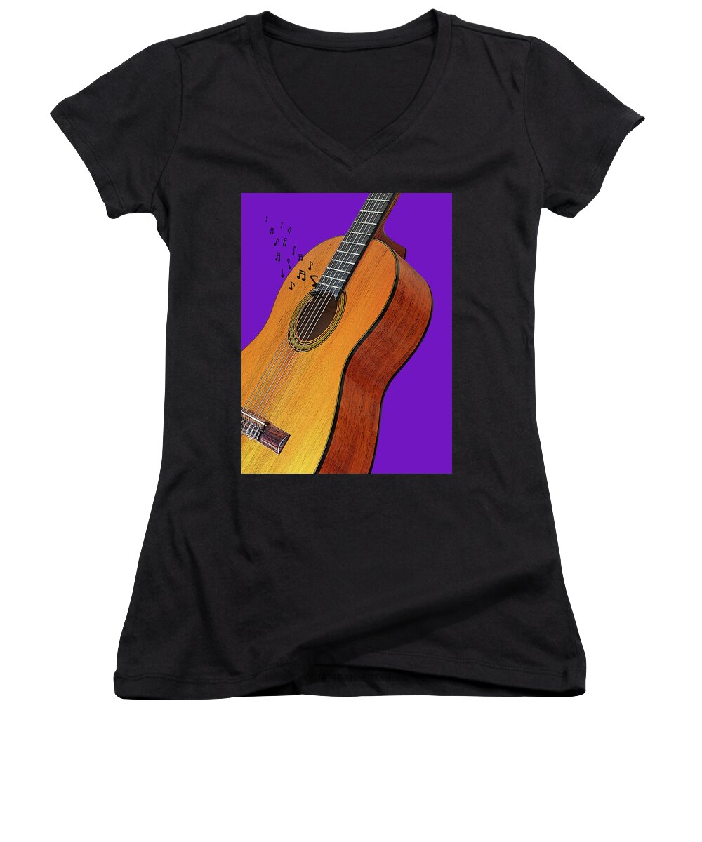 Acoustic Guitar Women's V-Neck featuring the photograph Classical Guitar on Purple by Gill Billington