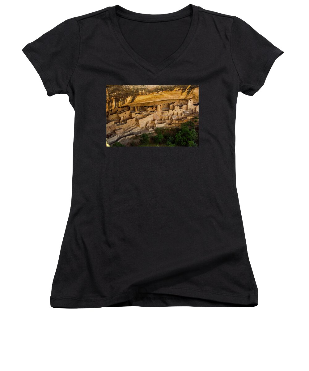 Mesa Verde Women's V-Neck featuring the photograph Cliff House from Above by Doug Scrima