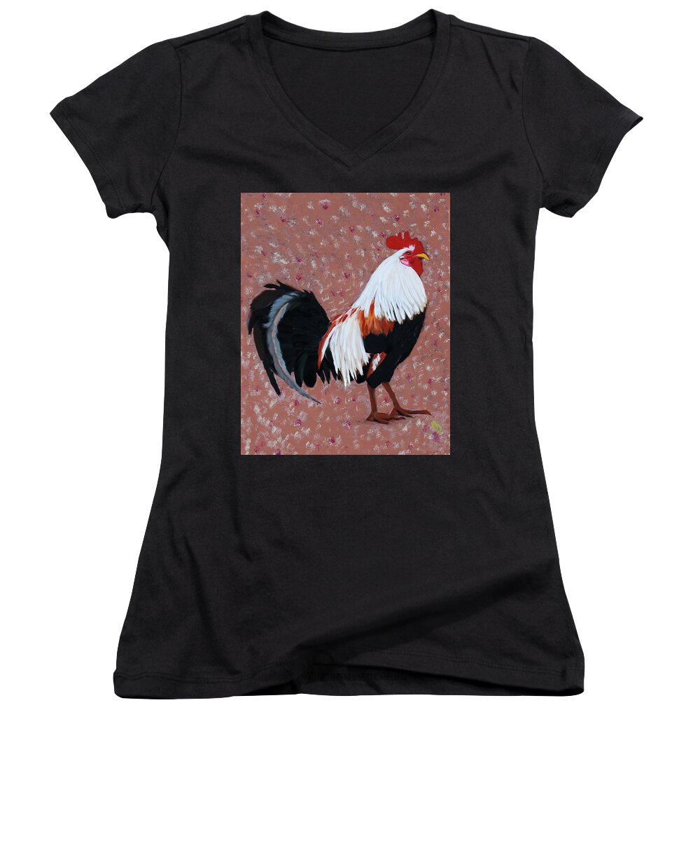 Rooster Women's V-Neck featuring the painting Cock a Doodle Doo by Deborah Boyd