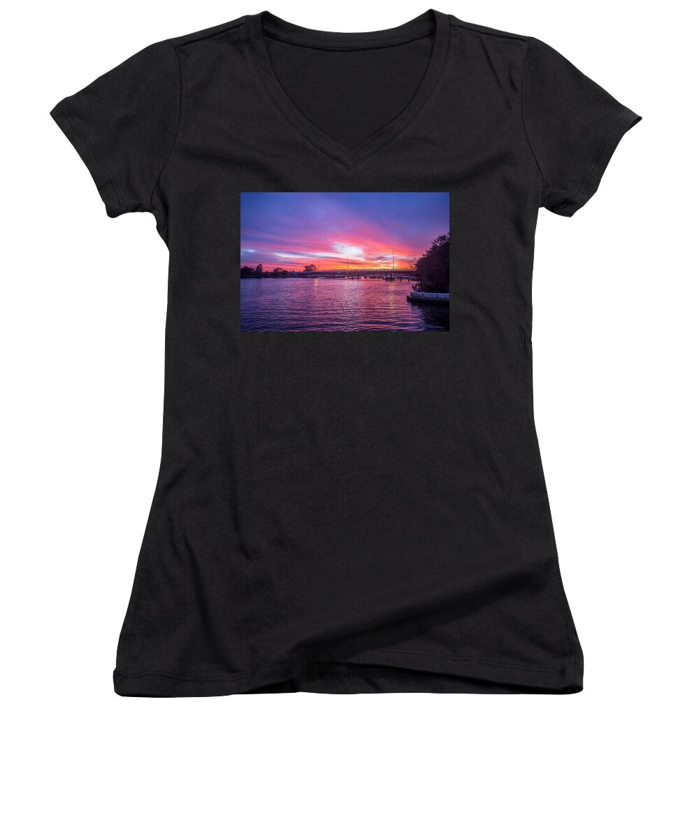Sunrise Women's V-Neck featuring the photograph Collie River Bridge by Robert Caddy