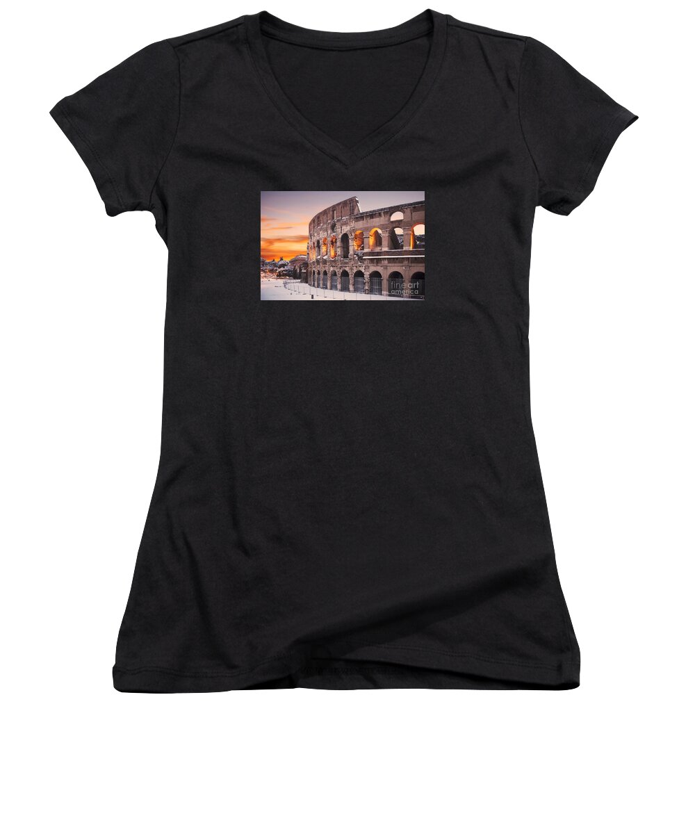 Colosseum Sunset Women's V-Neck featuring the photograph Colosseum covered in snow at sunset by Stefano Senise