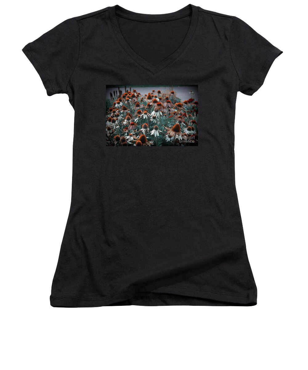 Landscape Women's V-Neck featuring the photograph Coneflowers Bits of Torquise by Donna L Munro