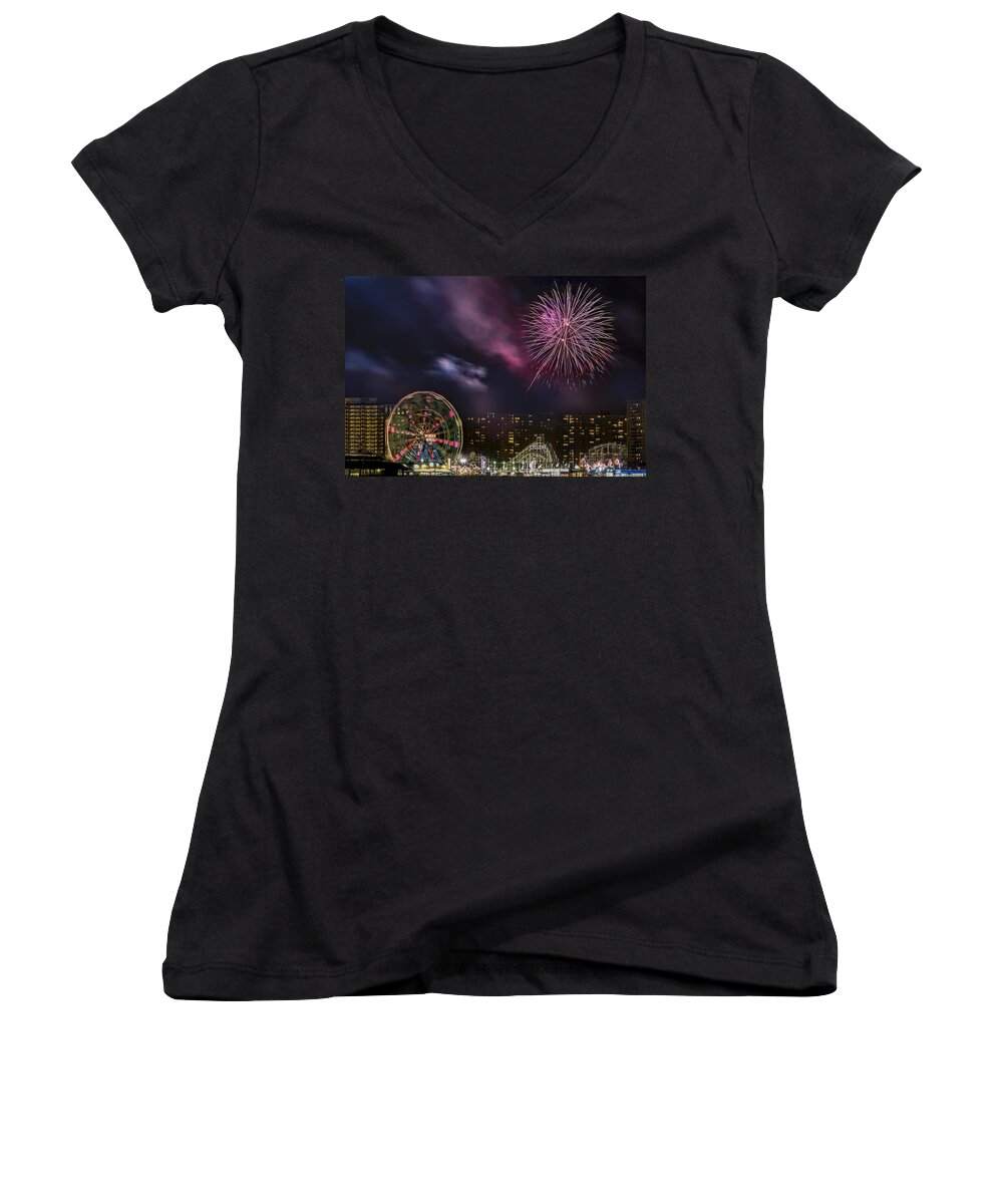 Brooklyn Women's V-Neck featuring the photograph Coney Island Fireworks by Susan Candelario