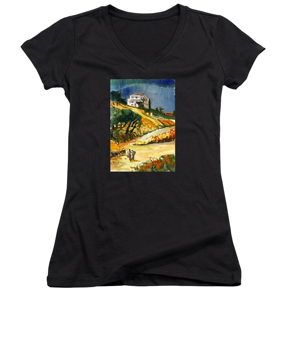 Landscape Women's V-Neck featuring the painting Conversation in the Afternoon by Thomas Tribby