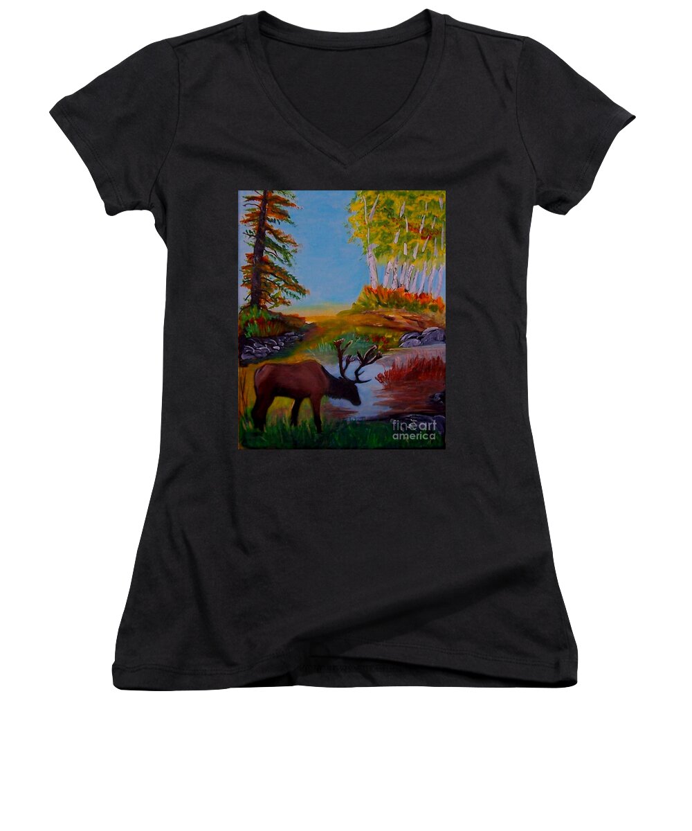 Elk Women's V-Neck featuring the painting Cool Drink by Leslie Allen