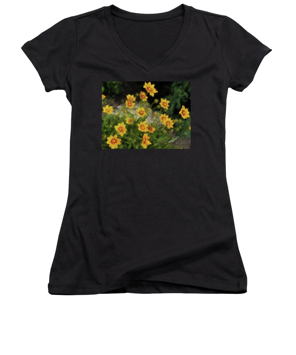 Garden Perennial Women's V-Neck featuring the digital art Coreopsis Tickseed by Leslie Montgomery