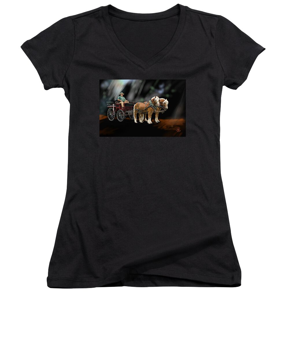 Animal Women's V-Neck featuring the digital art Country road horse and wagon by Debra Baldwin