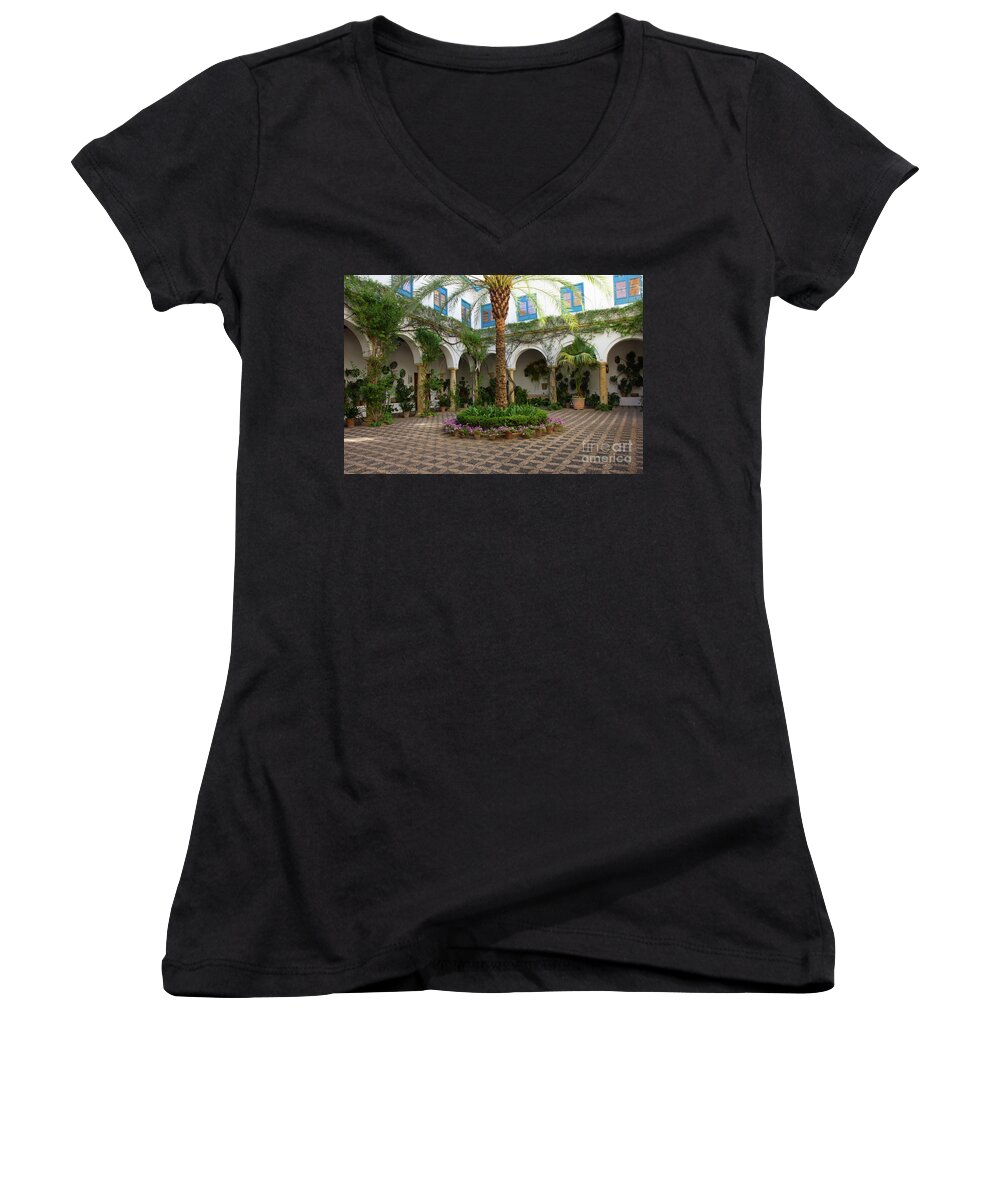 Andalusia Women's V-Neck featuring the photograph Courtyard of Cordoba in Spain by Anastasy Yarmolovich