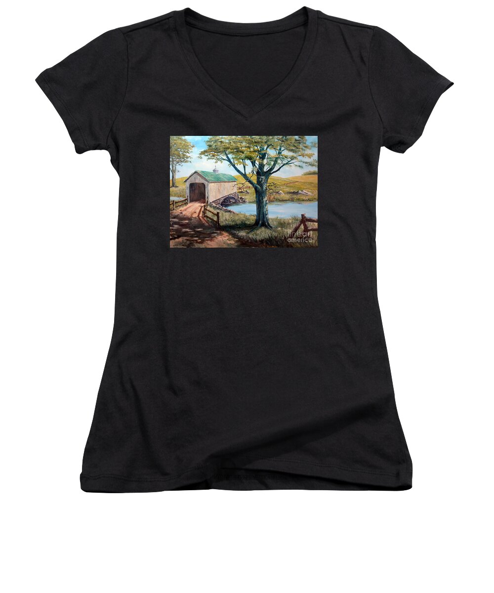 Covered Bridge Women's V-Neck featuring the painting Covered Bridge, Americana, Folk Art by Lee Piper