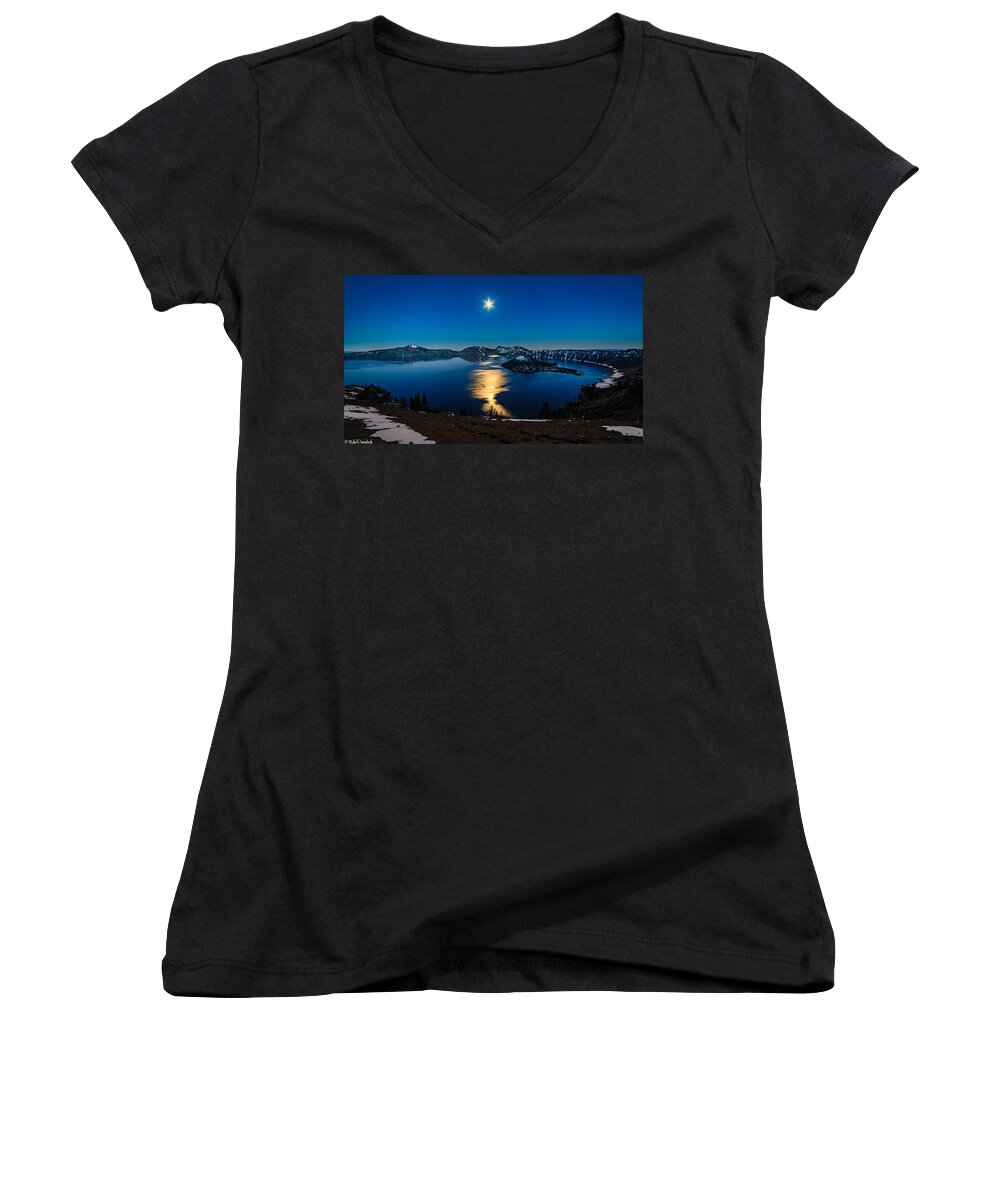 Crater Lake Women's V-Neck featuring the photograph Crater Lake Moonlight by Mike Ronnebeck