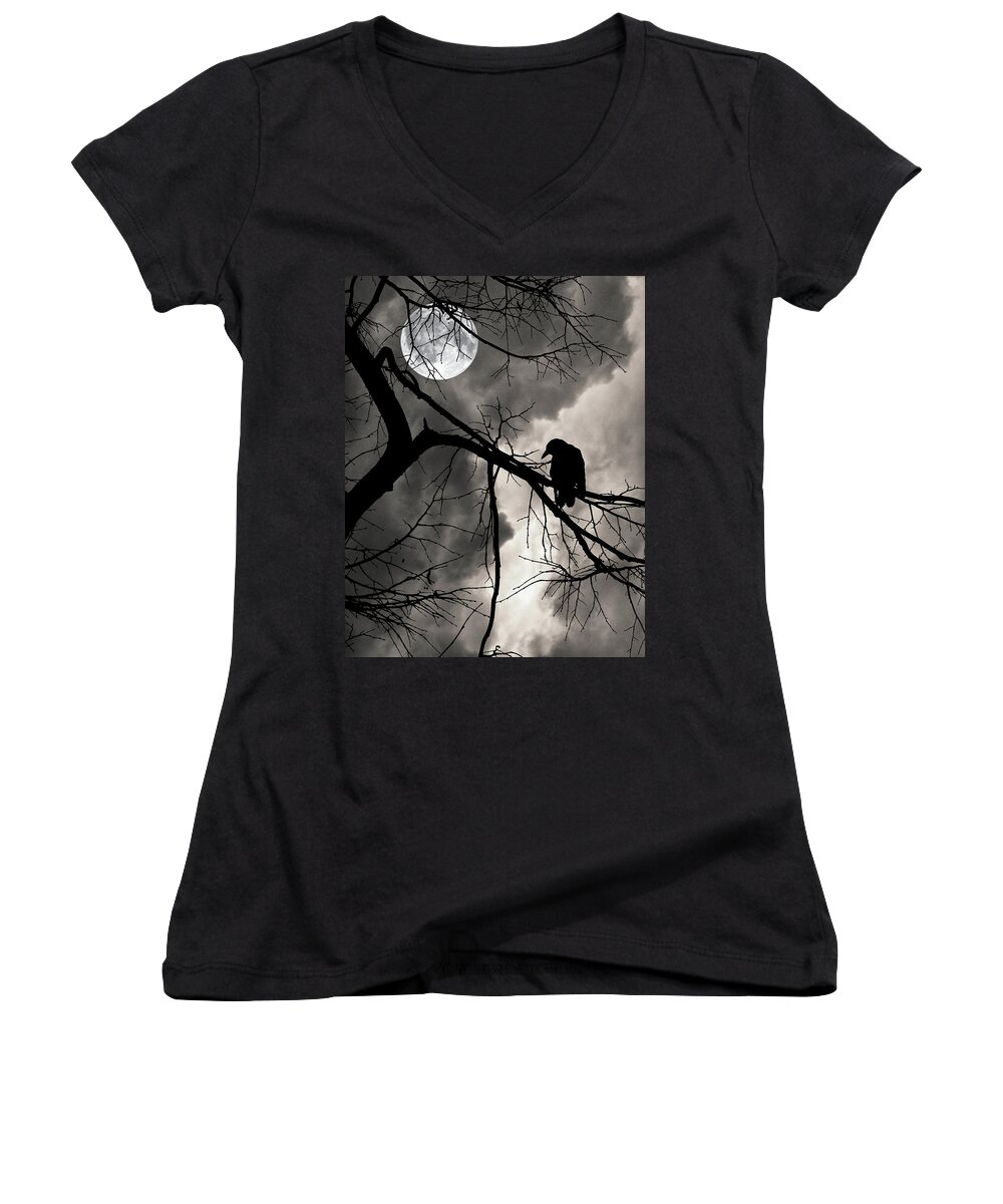 Crow Women's V-Neck featuring the photograph Crow and the Moon by Philip Openshaw