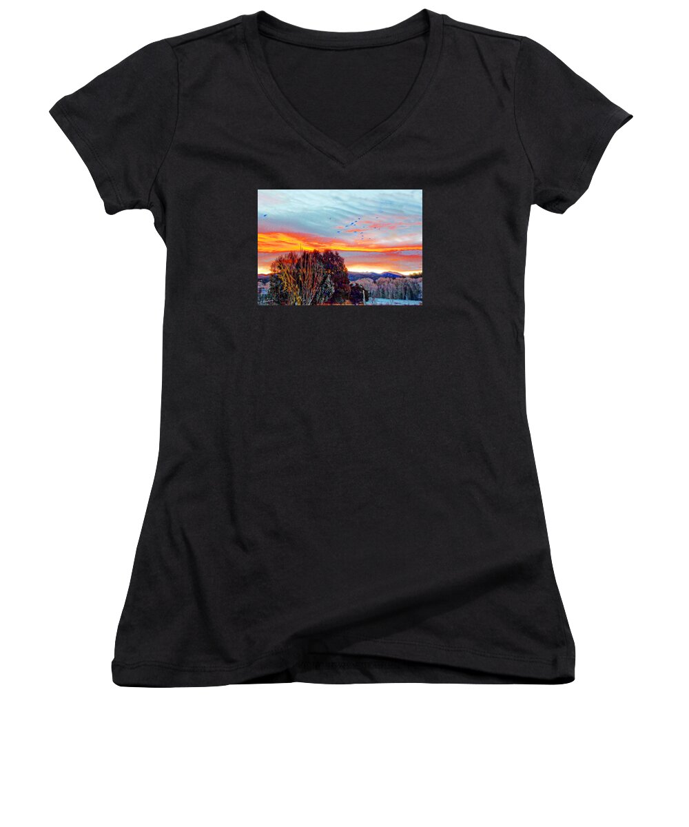 Winter Scene Women's V-Neck featuring the photograph Crows Before Dawn El Valle New Mexico by Anastasia Savage Ealy