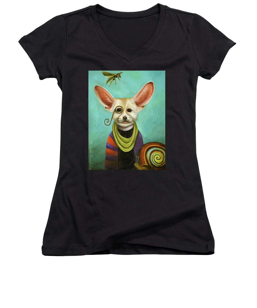 Fox Women's V-Neck featuring the painting Curious As A Fox by Leah Saulnier The Painting Maniac