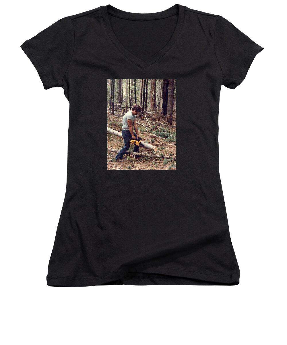 Vernon Women's V-Neck featuring the painting Cutting Wood In Blue Canyon by Gail Daley