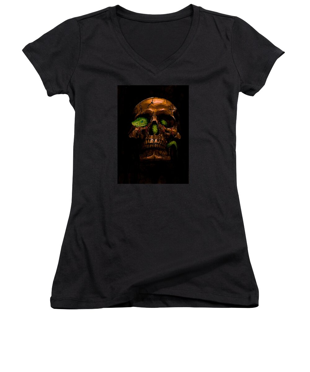 Skull Women's V-Neck featuring the painting Cyclop 1 by Laur Iduc