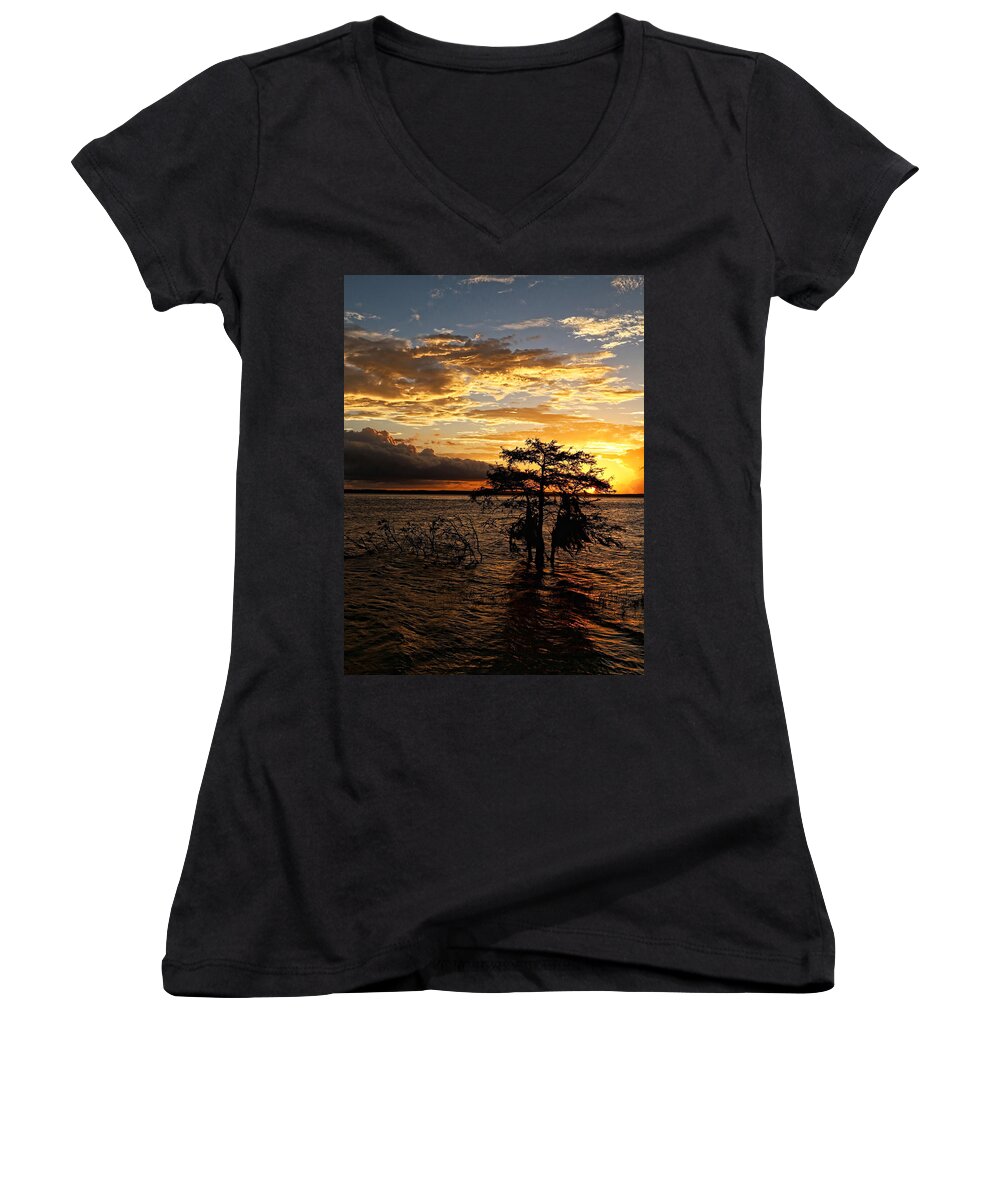 Cypress Women's V-Neck featuring the photograph Cypress Sunset by Judy Vincent