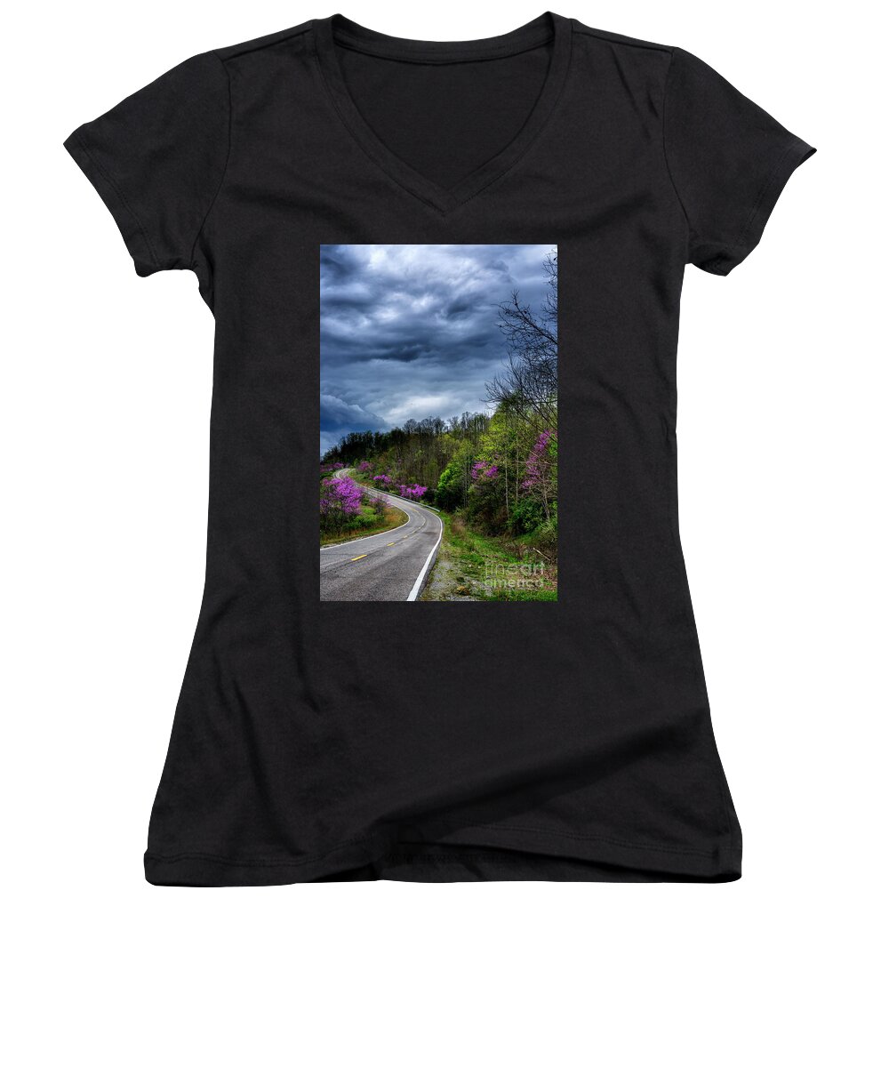 Spring Women's V-Neck featuring the photograph Dark Clouds over Redbud Highway by Thomas R Fletcher