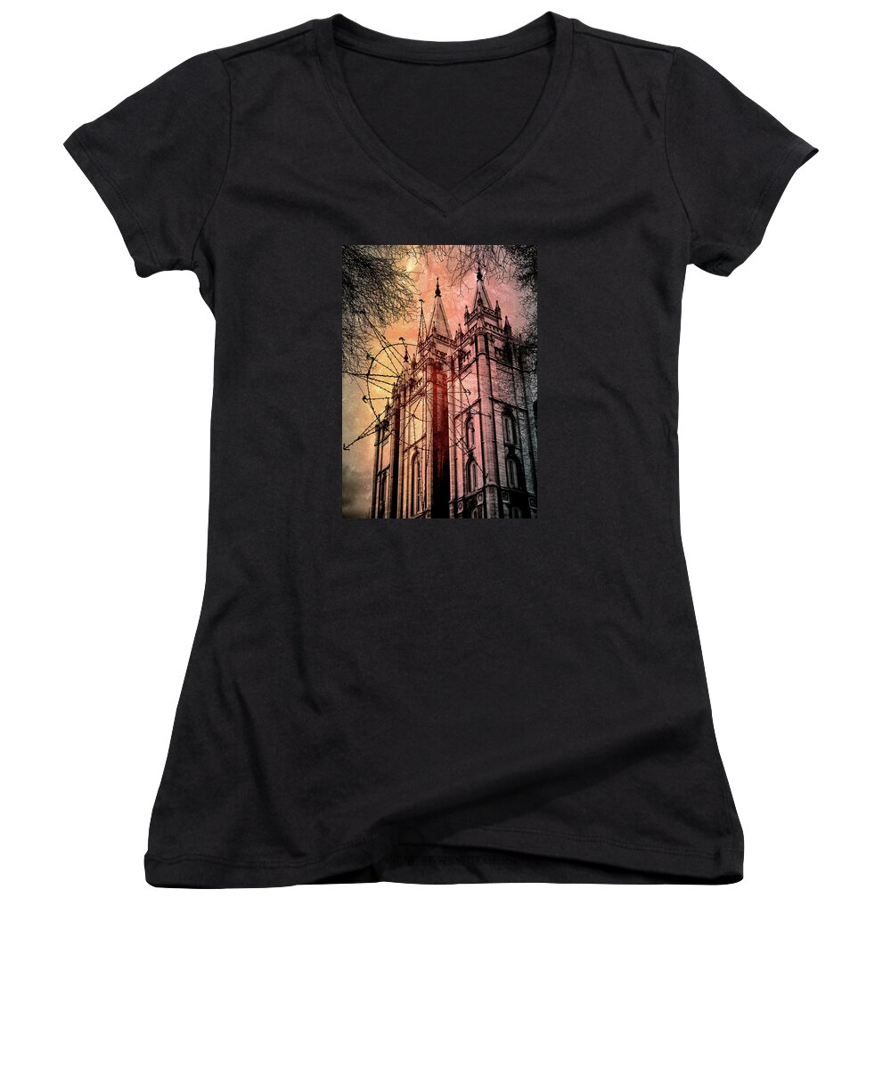 Salt Lake City Women's V-Neck featuring the photograph Dark Temple by Jim Hill