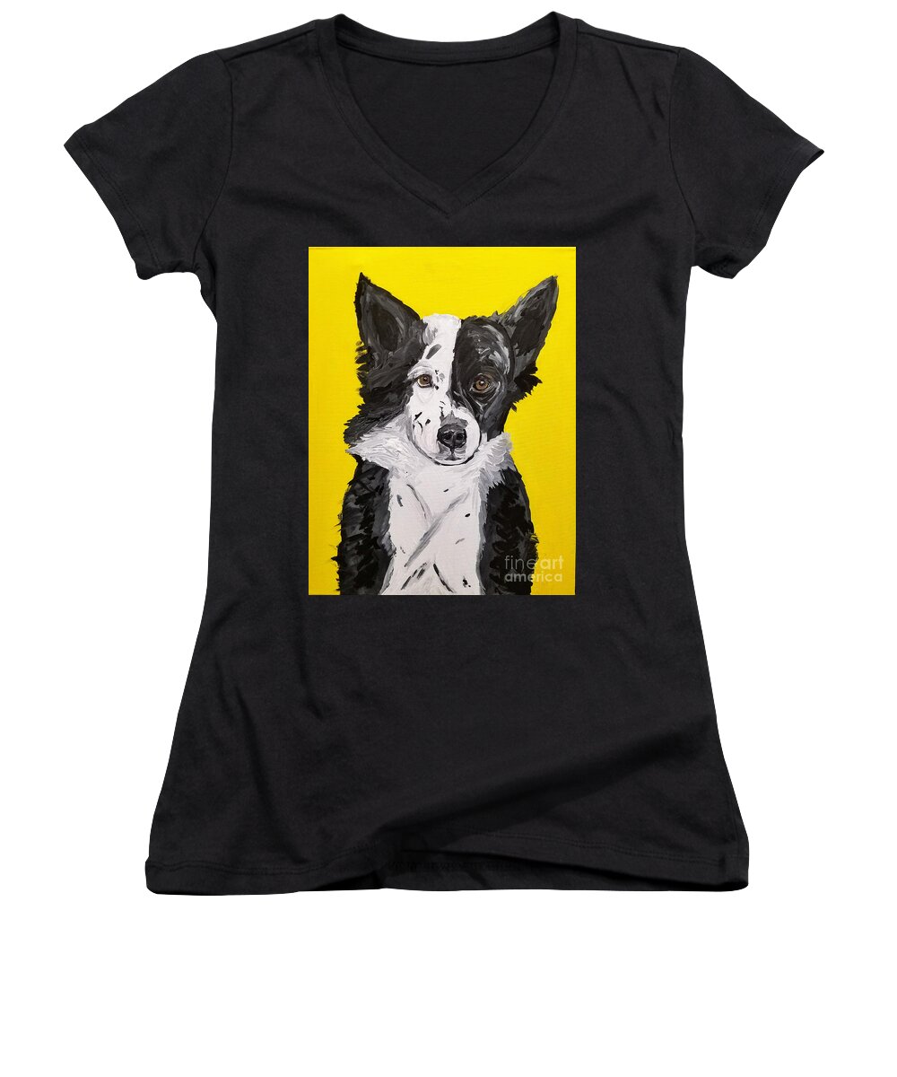 Pet Portrait Women's V-Neck featuring the painting Dasha Date With Paint Nov 20th by Ania M Milo