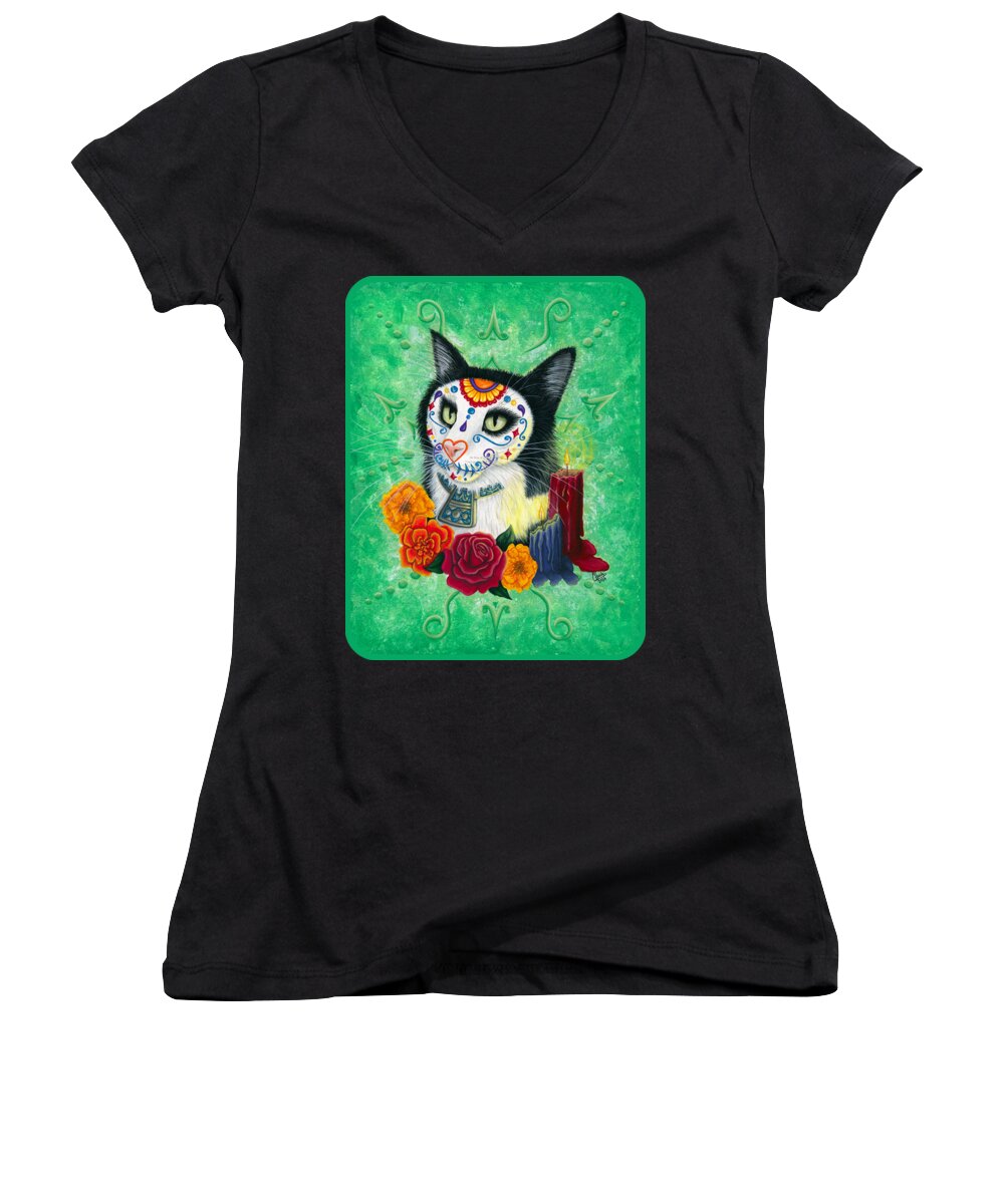 Dia De Los Muertos Gato Women's V-Neck featuring the painting Day of the Dead Cat Candles - Sugar Skull Cat by Carrie Hawks