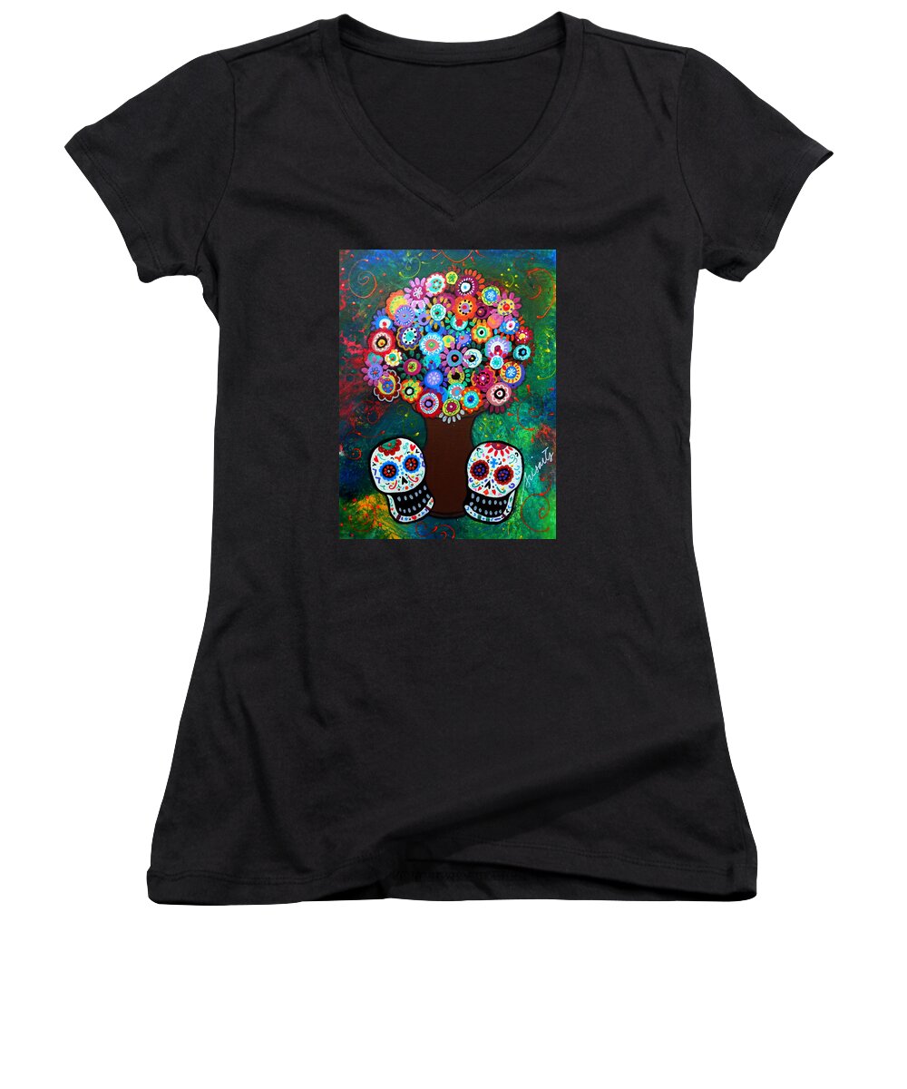 Day Of The Dead Women's V-Neck featuring the painting Day Of The Dead Love Offering by Pristine Cartera Turkus