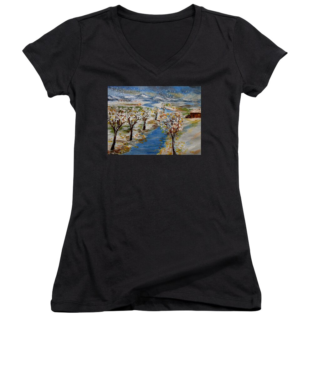 Winter Women's V-Neck featuring the painting December by Konstantinos Charalampopoulos