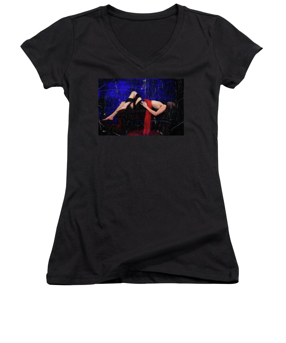 Women's V-Neck featuring the photograph Delicious Vampire Sacrafice in Blue by Andrew Giovinazzo