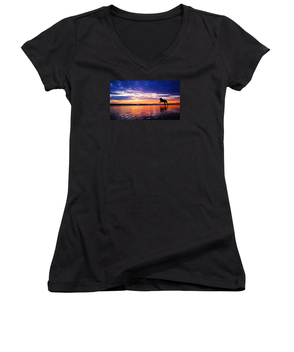 Sunrise Women's V-Neck featuring the photograph Dog Chasing Stick At Sunrise by Lawrence S Richardson Jr
