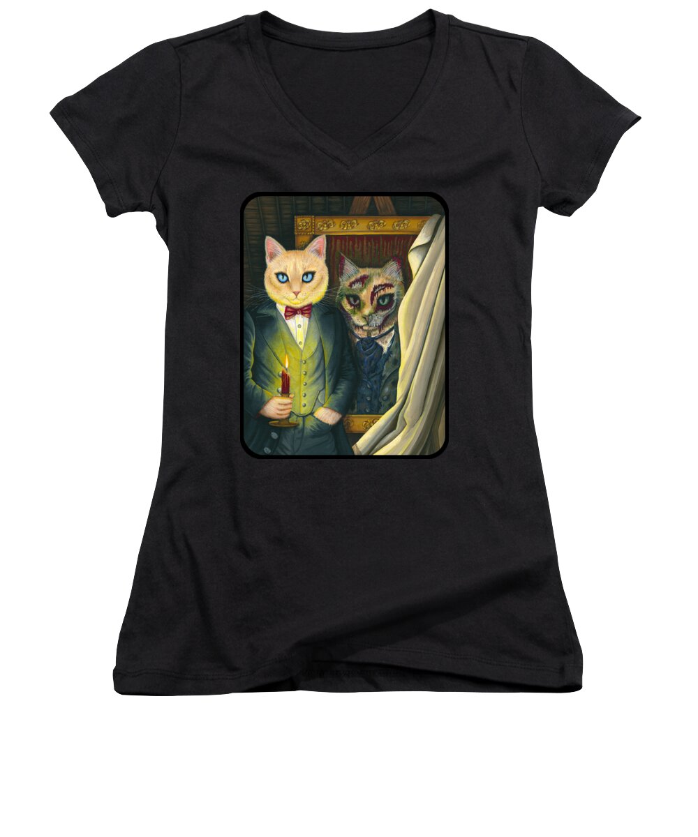 Dorian Gray Women's V-Neck featuring the painting Dorian Gray as a Cat by Carrie Hawks