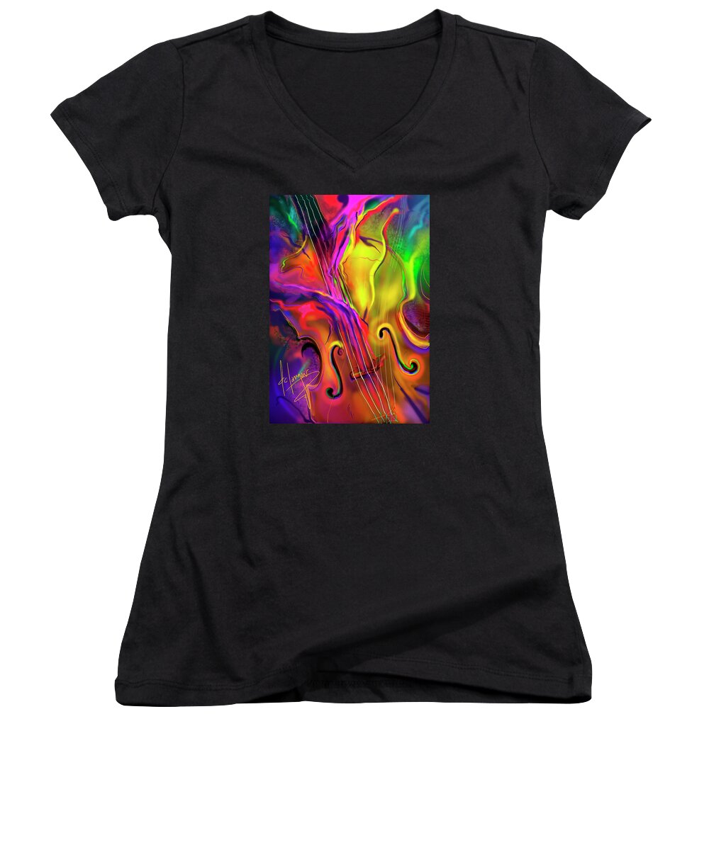 Guitar Women's V-Neck featuring the painting Double Bass Solo by DC Langer