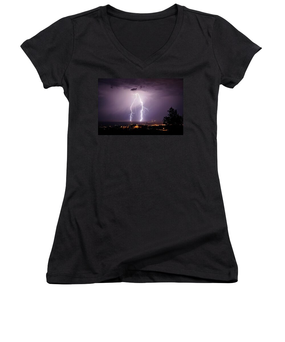 Lightning Women's V-Neck featuring the photograph Double Trouble by Ron Chilston