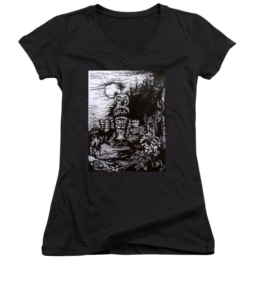 Pen And Ink Women's V-Neck featuring the drawing Dreaming Alaska. Part Two by Anna Duyunova