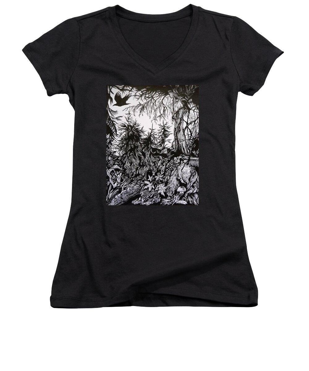 Pen And Ink Women's V-Neck featuring the drawing Dreaming Alaska.Part one by Anna Duyunova