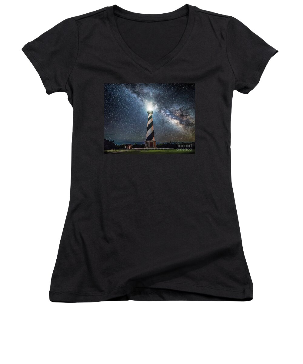 Dreams Women's V-Neck featuring the photograph Dreams of cape hatteras light house by Robert Loe