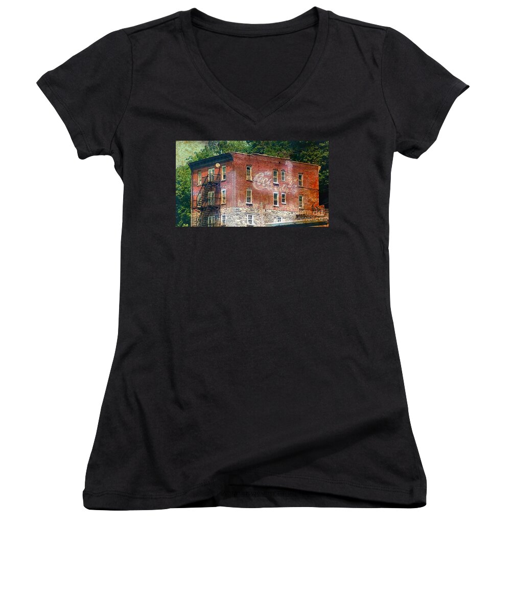 Coca Cola Women's V-Neck featuring the photograph Drink Coca Cola Ghost Sign by Beth Ferris Sale