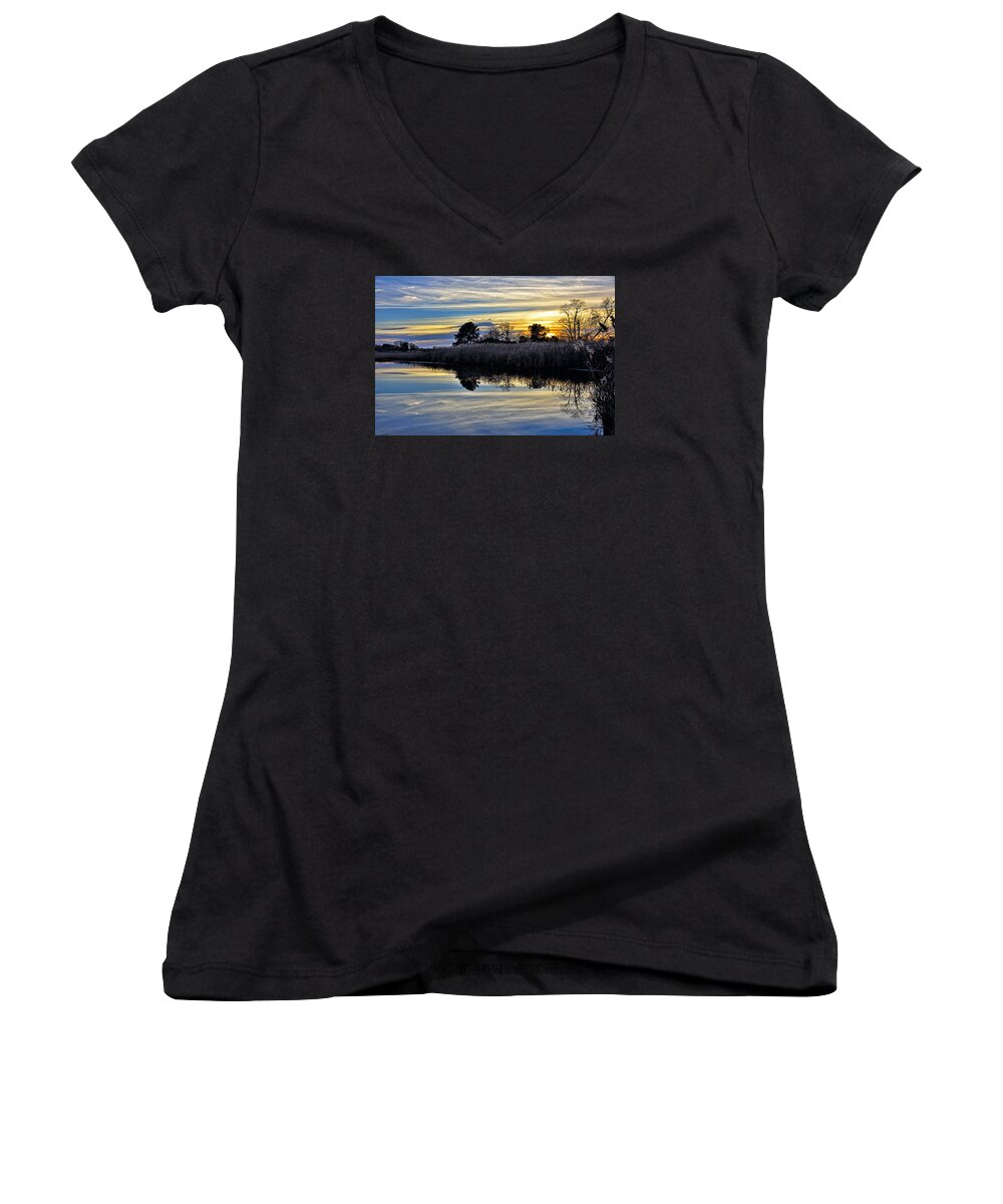 blackwater National Wildlife Refuge Women's V-Neck featuring the photograph Eastern Shore Sunset - Blackwater National Wildlife Refuge - Maryland by Brendan Reals