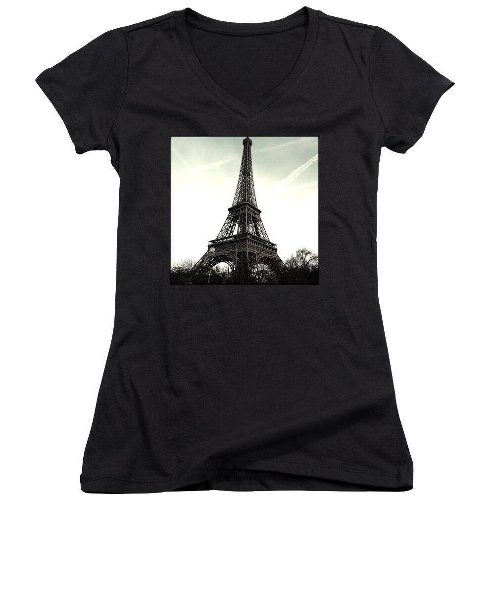 Black And White Women's V-Neck featuring the photograph Eiffel Tower, Greyscale by Aurella FollowMyFrench
