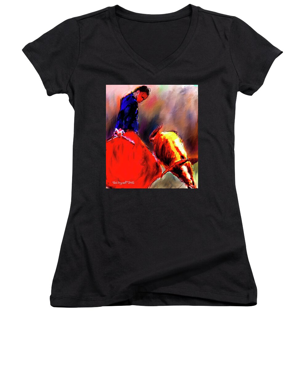 Bull Fighting Women's V-Neck featuring the painting El Matador by Ted Azriel