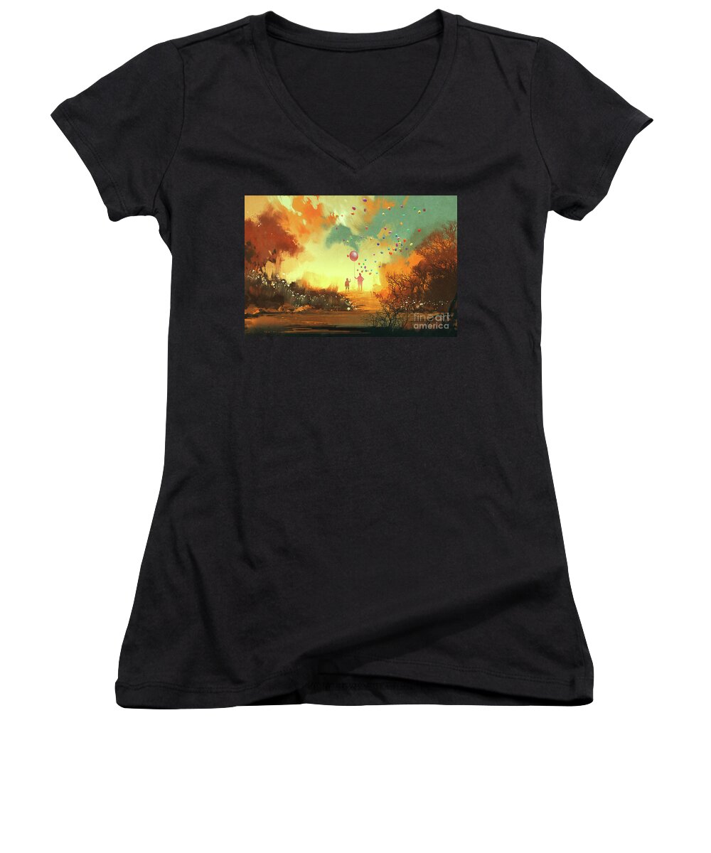 Illustration Women's V-Neck featuring the painting Enter the fantasy land by Tithi Luadthong