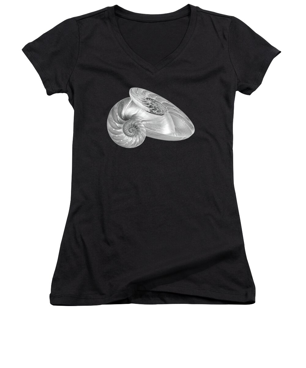 Black And White Sea Shell Women's V-Neck featuring the photograph Entwined Nautilus in Black and White by Gill Billington